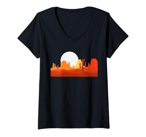 Damen Desert Sunset Kaktus Naturliebhaber Grafikstil Geschenke T-Shirt mit V-Ausschnitt von Southwestern Desert Vibes GiftsTee for Men&Women