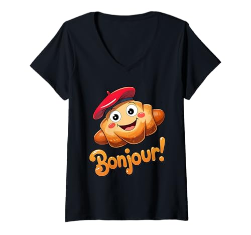 Damen Kids France Cute Croissant Baskenmütze Französisch Sprache Bonjour T-Shirt mit V-Ausschnitt von Souvenir Paris France Toddlers Teens Boys Girls