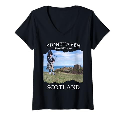 Damen Dunnotar Castle Stonehaven Schottland traditioneller schottischer Mann T-Shirt mit V-Ausschnitt von Souvenir Scottish Traditional Music Bagpipe Player