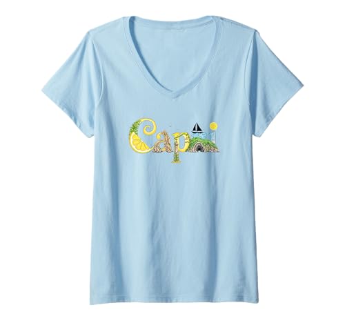 Damen Capri Italien Zitrone Art Reise Souvenir T-Shirt mit V-Ausschnitt von Souvenir Shirt