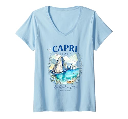 Damen Capri Italien malerische Aussicht Urlaub Sommerausflug Souvenir T-Shirt mit V-Ausschnitt Damen Capri Italien malerische Aussicht Urlaub Sommerausflug Souvenir T-Shirt mit V-Ausschnitt von Souvenir Shirt