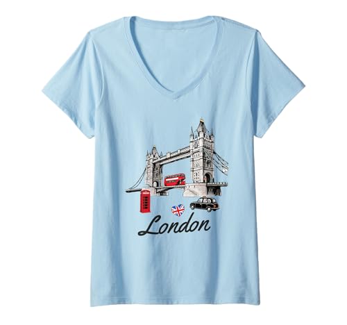 Damen London, England, Wahrzeichen, Tower Bridge, rotes Bustaxi-Souvenir T-Shirt mit V-Ausschnitt von Souvenir Shirt