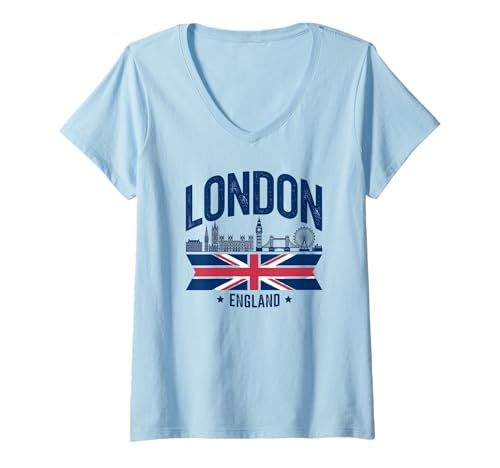 Damen London Skyline, Souvenir mit Union Jack, England T-Shirt mit V-Ausschnitt Damen London Skyline, Souvenir mit Union Jack, England T-Shirt mit V-Ausschnitt von Souvenir Shirt