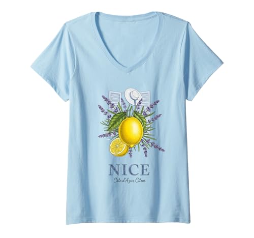 Damen Nice France Zitrone und Lavendel Kunst Sommerurlaub T-Shirt mit V-Ausschnitt von Souvenir Shirt