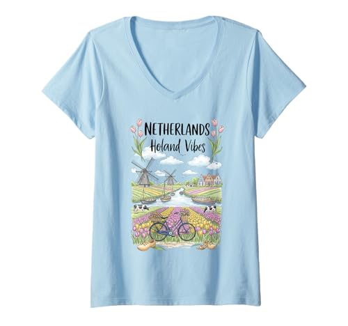 Damen Niederländische Windmühlen Tulpen Fields Holland Vibe Niederlande T-Shirt mit V-Ausschnitt von Souvenir Shirt