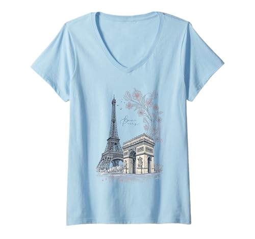 Damen Paris Eiffelturm Arc de Triomphe Floral Art Souvenir T-Shirt mit V-Ausschnitt von Souvenir Shirt