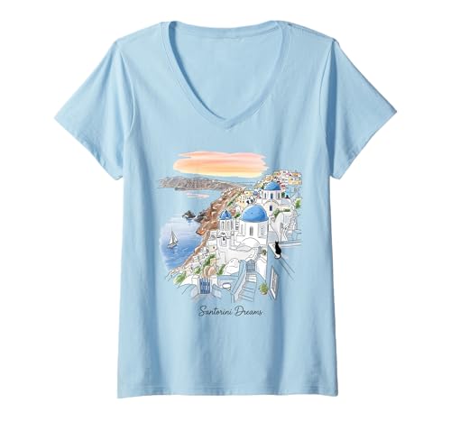 Damen Santorini Griechenland Sonnenuntergang Traumlandschaft Illustration T-Shirt mit V-Ausschnitt von Souvenir Shirt
