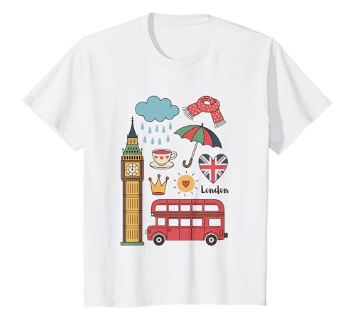 Londoner Ikonen, britische Symbole, Regentag, Reisesouvenir für Kinder T-Shirt von Souvenir Shirt