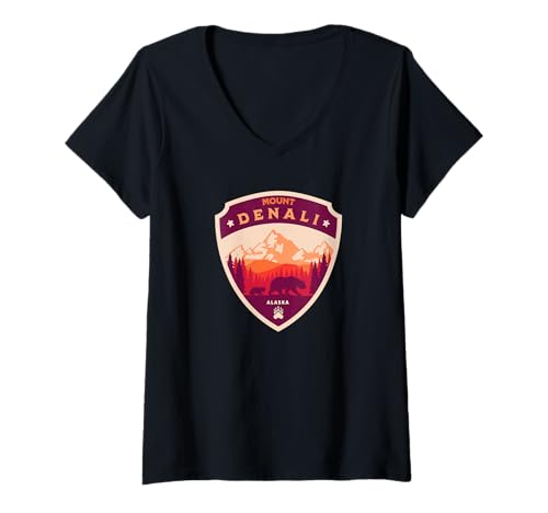 Damen Mount Denali Souvenir/Mt. Denali T-Shirt mit V-Ausschnitt von Souvenirladen Mount Denali