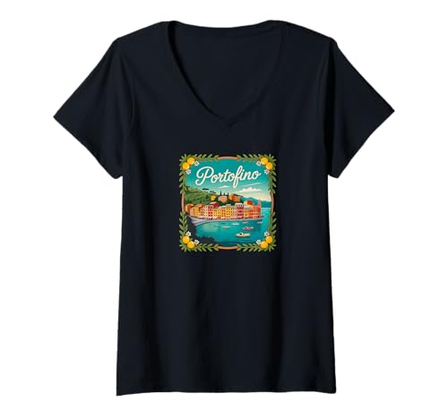 Damen Italien Portofino Souvenir/Portofino T-Shirt mit V-Ausschnitt von Souvenirladen in Portofino, Italien