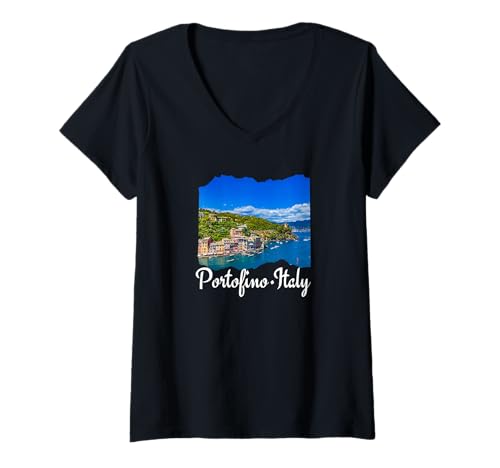 Damen Italien Portofino Souvenir/Portofino T-Shirt mit V-Ausschnitt von Souvenirladen in Portofino, Italien