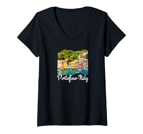 Damen Italien Portofino Souvenir/Portofino T-Shirt mit V-Ausschnitt von Souvenirladen in Portofino, Italien
