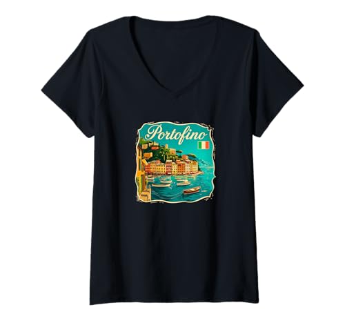 Damen Italien Portofino Souvenir/Portofino T-Shirt mit V-Ausschnitt von Souvenirladen in Portofino, Italien
