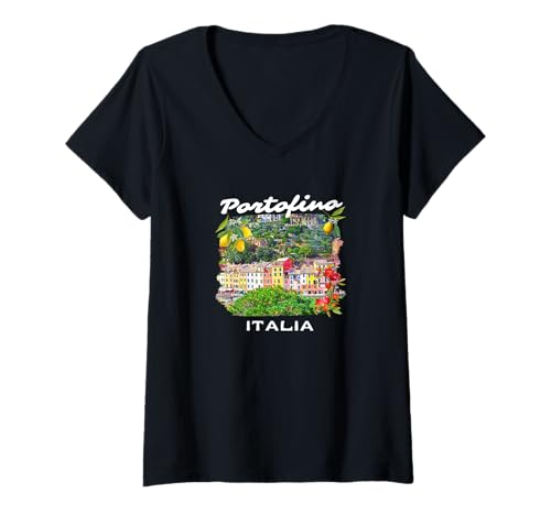 Damen Italien Portofino Souvenir/Portofino T-Shirt mit V-Ausschnitt von Souvenirladen in Portofino, Italien