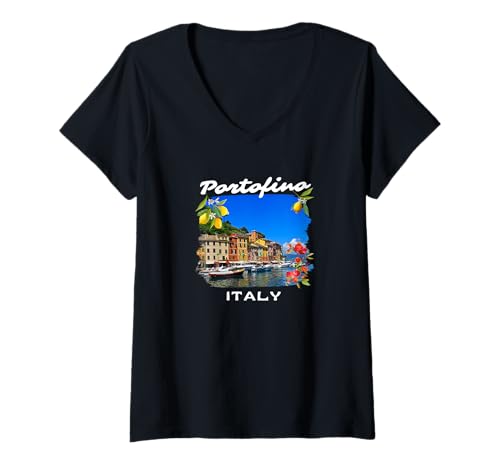 Damen Italien Portofino Souvenir/Portofino T-Shirt mit V-Ausschnitt von Souvenirladen in Portofino, Italien