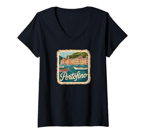 Damen Italien Portofino Souvenir/Portofino T-Shirt mit V-Ausschnitt von Souvenirladen in Portofino, Italien