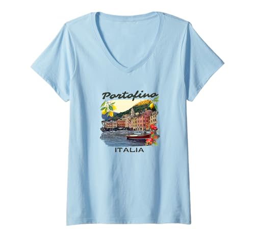 Damen Italien Portofino Souvenir/Portofino T-Shirt mit V-Ausschnitt von Souvenirladen in Portofino, Italien