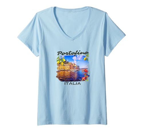 Damen Italien Portofino Souvenir/Portofino T-Shirt mit V-Ausschnitt von Souvenirladen in Portofino, Italien