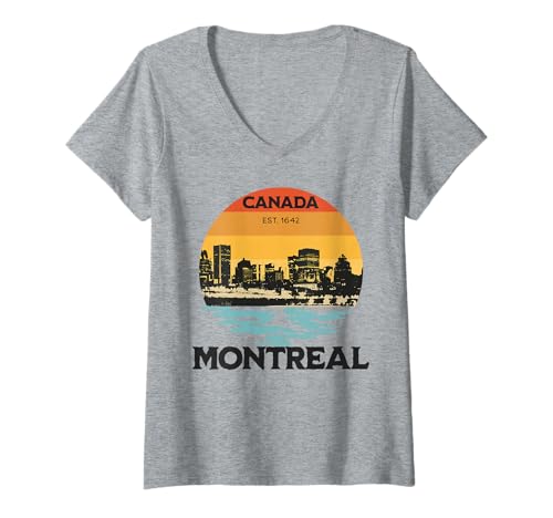 Damen Montreal Skyline Sunset Vintage Kanada Travel T-Shirt mit V-Ausschnitt Damen Montreal Skyline Sunset Vintage Kanada Travel T-Shirt mit V-Ausschnitt von Souvenirs From Montreal Outfits