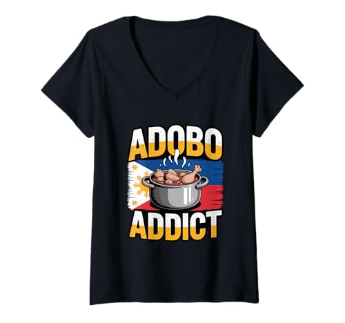 Damen Philippine Flag Chicken Adobo Addict Pinoy Food Philippines T-Shirt mit V-Ausschnitt von Souvenirs Pinoy Food Lover Gifts
