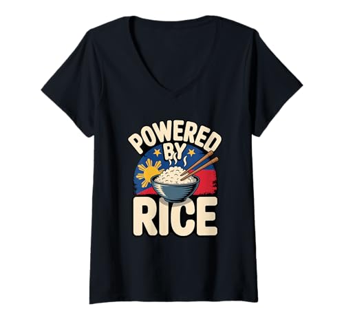 Damen Philippine Flag Powered by Rice Pinoy Food Philippines T-Shirt mit V-Ausschnitt von Souvenirs Pinoy Food Lover Gifts