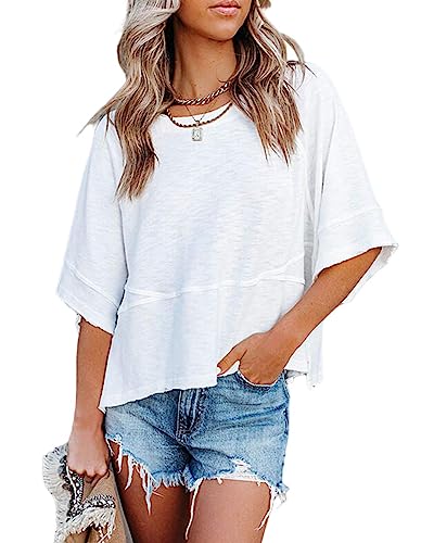 Sovelen Damen Sommer Casual Rundhalsausschnitt Batwing Halbe Ärmel T-Shirts Einfarbig Loose Fit Niedlich Basic Flowy Tops T-Shirts Blusen, Weiss/opulenter Garten, Groß von Sovelen