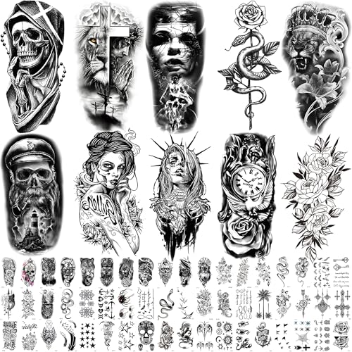 64 Temporäre Tätowierung für Männer oder Frauen, 10 große gefälschte Tattoos, die echt aussehen und 54 kleine schwarze Tattoos, 3D Temp Tattoo Armstulpen für Erwachsene von Sovereign-Gear