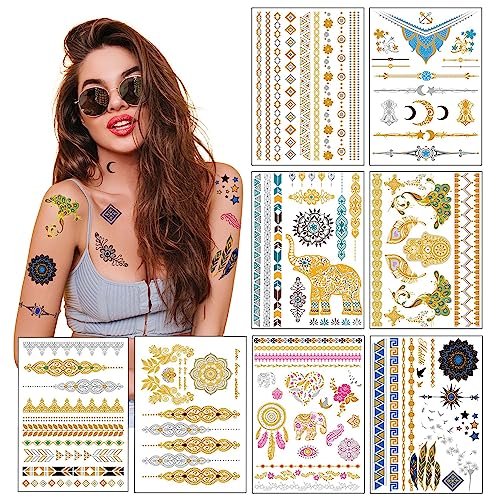 Temporäre Tattoos Tätowierung Für Frauen Jugendlich Mädchen - 8 Blatt Metallische Gold Silber Temporäre Glitter Schmuck Tattoos 100 + Farbe Flash Gefälschte Wasserdichte Tätowierung Aufkleber von Sovereign-Gear