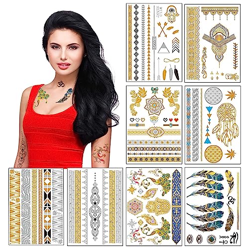 Temporäre Tattoos Tätowierung Für Frauen Jugendlich Mädchen - 8 Blatt Metallische Gold Silber Temporäre Glitter Schmuck Tattoos 100 + Farbe Flash Gefälschte Wasserdichte Tätowierung Aufkleber von Sovereign-Gear