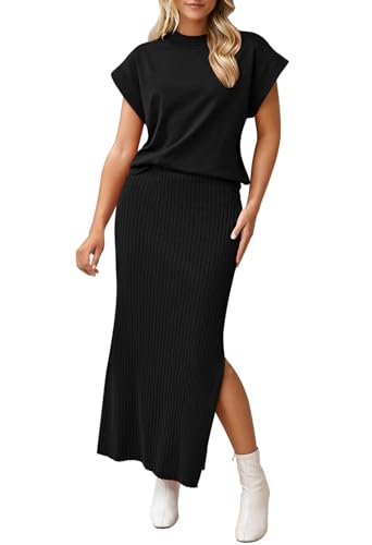 Sovoyontee Damen 2 Stück Pullover Outfits Set Casual Kappe Ärmel Tops Bodycon Maxi Langer Rock Strickkleider Schwarz XL von Sovoyontee