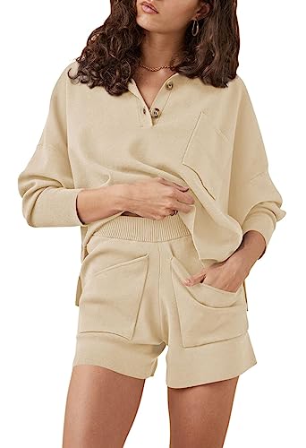 Sovoyontee Damen 2-Teilige Lounge Sets Outfits Knopf V-Ausschnitt Batwing Langarm Top Shorts Strickpullover Aprikose L von Sovoyontee