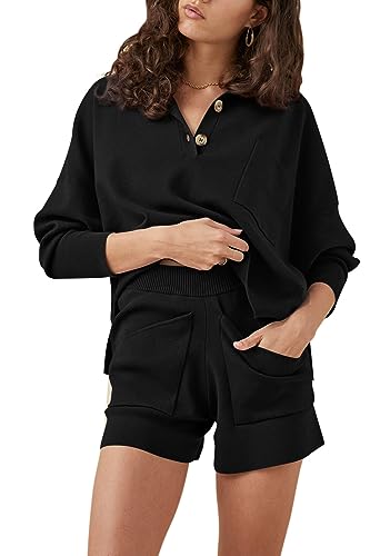 Sovoyontee Damen 2-Teilige Lounge Sets Outfits Knopf V-Ausschnitt Batwing Langarm Top Shorts Strickpullover Schwarz L von Sovoyontee