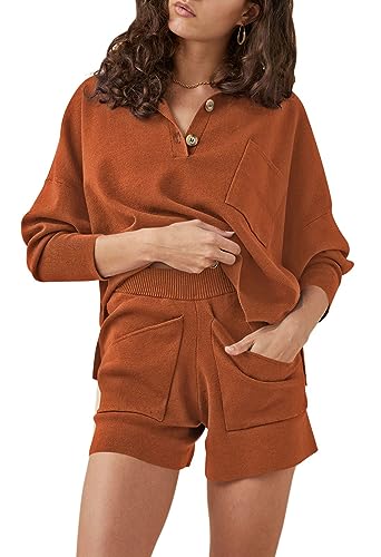 Sovoyontee Damen 2-Teilige Outfits Knopf Loungewear Langarm Top Shorts Strickpullover Lounge Sets Schlafanzug Braun M von Sovoyontee