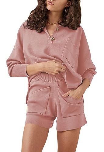 Sovoyontee Damen 2-Teilige Outfits Knopf Loungewear Langarm Top Shorts Strickpullover Lounge Sets Schlafanzug Rosa S von Sovoyontee