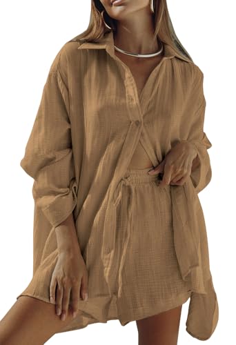 Sovoyontee Damen 2-Teiliges Langarm Loungewear Shorts Lounge Set Sweatsuit Lässiger Trainingsanzug Pyjama Sommer Braun M von Sovoyontee