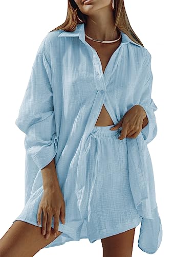 Sovoyontee Damen 2-Teiliges Langarm Loungewear Shorts Set Lounge Sweatsuit Lässiger Trainingsanzug Pyjama Himmelblau M von Sovoyontee