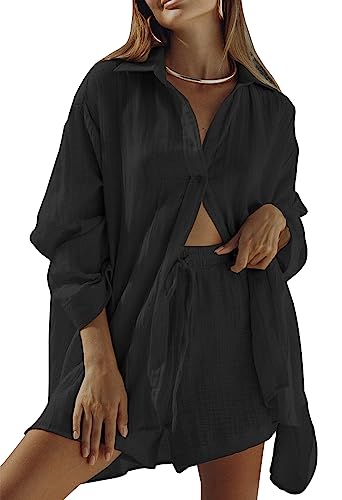 Sovoyontee Damen 2-Teiliges Langarm Loungewear Shorts Set Lounge Sweatsuit Lässiger Trainingsanzug Schlafanzug Schwarz S von Sovoyontee