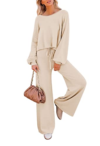Sovoyontee Damen 2-Teiliges Set Langarm Kurz Top Sweatsuit Loungewear Weitem Hose Strick Pullover Trainingsanzug Beige S von Sovoyontee