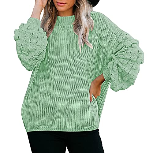 Sovoyontee Damen 2024 Herbst Oversized Rundhalsausschnitt Lange Puffärmel Grobstrick Pullover Sweater Tops, Hellgrün, Groß von Sovoyontee