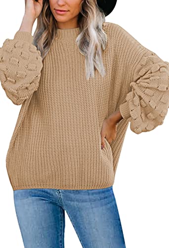 Sovoyontee Damen 2024 Herbst Oversized Rundhalsausschnitt Lange Puffärmel Grobstrick Pullover Sweater Tops, Khaki, Klein von Sovoyontee