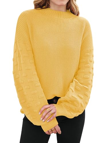 Sovoyontee Damen 2024 Herbst Oversized Rundhalsausschnitt Lange Puffärmel Grobstrick Pullover Sweater Tops, gelb, Groß von Sovoyontee