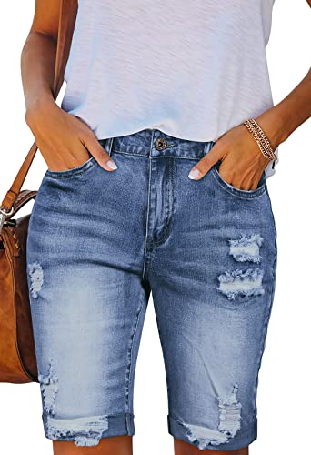 Sovoyontee Damen Bermuda Denim Shorts Gerissen Mid-High Taille Frayed Hose Notleidend Manschette Saum Jean Tiefblau 2XL von Sovoyontee