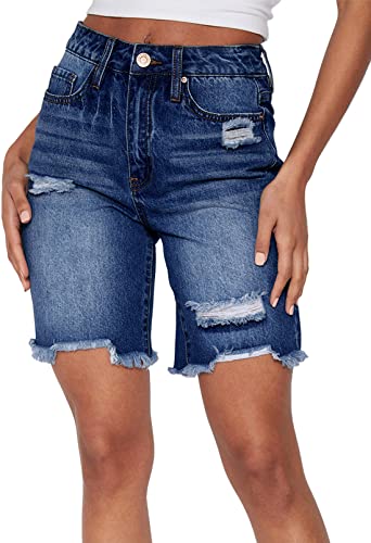 Sovoyontee Damen Bermuda Shorts Mid-High Waisted Ausgefranste Raw Saum Denim Hose Ripped Jean Shorts Blau S von Sovoyontee