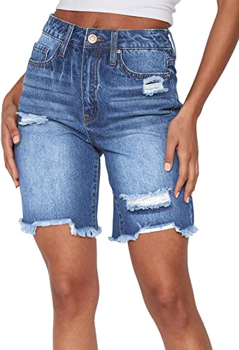 Sovoyontee Damen Bermuda Shorts Mid-High Waisted Ausgefranste Raw Saum Denim Hose Ripped Jean Shorts Hellblau M von Sovoyontee