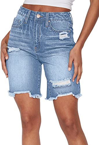 Sovoyontee Damen Bermuda Shorts Mid-High Waisted Ausgefranste Raw Saum Denim Hose Ripped Jean Shorts Himmelblau M von Sovoyontee