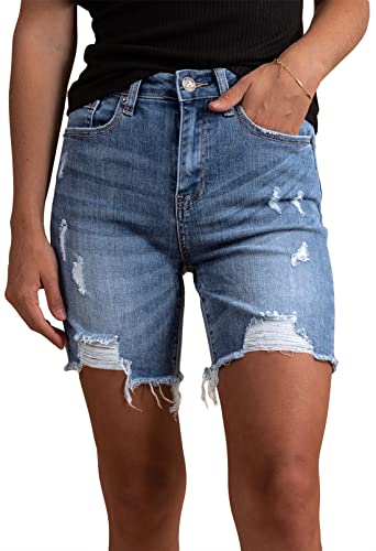 Sovoyontee Damen Bermuda Shorts Ripped Raw Saum Hohe Taille Distressed Denim Hose Jean Shorts Sommer Himmelblau L von Sovoyontee