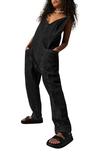 Sovoyontee Damen Casual Lose Ärmellose High Wais Jumpsuits 2024 Sommer Jeans Jumpsuits Mit Taschen Schwarz M von Sovoyontee