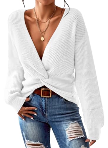 Sovoyontee Damen Casual Pullover Mode Tiefer V Ausschnitt Langarm Strickpullover Twist Knoten Cropped Tops Länge Weiß M Sovoyontee Damen Casual Pullover Mode Tiefer V Ausschnitt Langarm Strickpullover Twist Knoten Cropped Tops Länge Weiß M von Sovoyontee