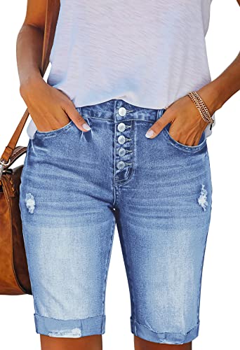 Sovoyontee Damen Denim Frayed Shorts Gerissen Notleidend Mid-High Waist Bermuda Hose Manschette Saum Jean Hellblau S von Sovoyontee