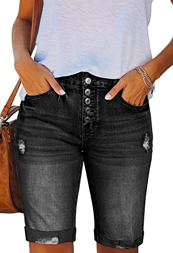 Sovoyontee Damen Denim Frayed Shorts Gerissen Notleidend Mid-High Waist Bermuda Hose Manschette Saum Jean Schwarz L von Sovoyontee